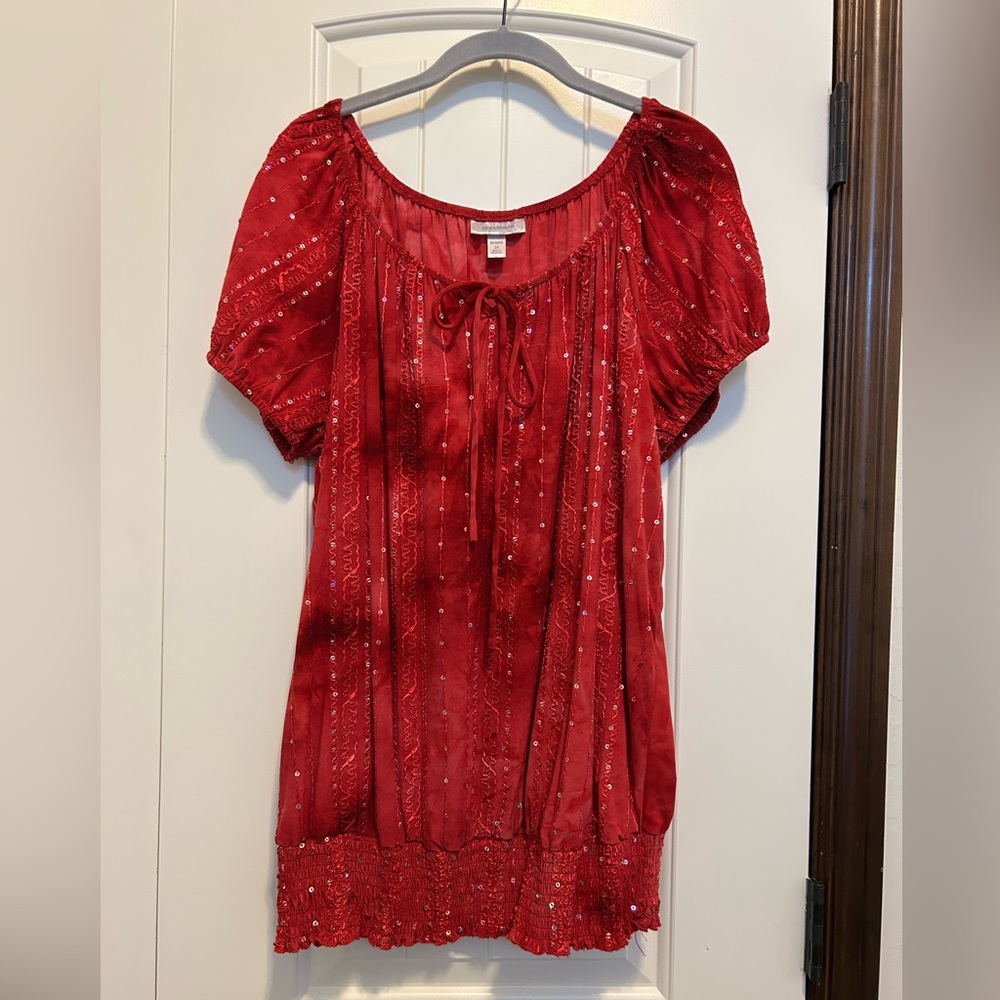 Dressbarn Red Flutter Sleeve Blouse with Tie Front